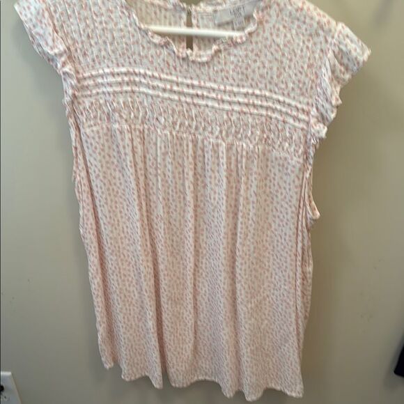 LOFT Pink and Orange Flutter Sleeve Blouse with Smocked Bib Collar - Picture 1 of 3